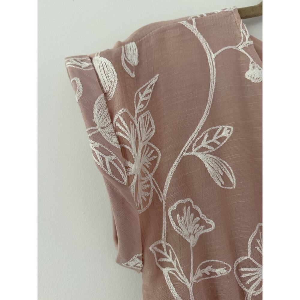 Kindred Embroidered Floral Midi Dress M Dusty Rose Zip Front Boho Cottagecore - Picture 6 of 9